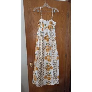 Japna Cotton White Yellow Floral Flower Sleeveless Summer Smocked Dress EUC M